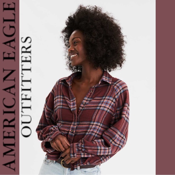 American Eagle Outfitters Tops - AEO American Eagle Outfitters Mauve Plaid Balloon Sleeve Flannel Size Small